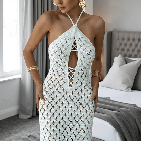 Damen Häkel-Maxi-Kleid mit innovativem Ausschnitt und seitlichen Cut-Outs R&B