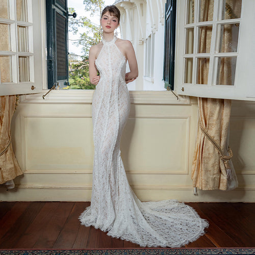 Damen Hochwertiges Spitzenabendkleid mit elegantem Kragen und transparenten Details R&B