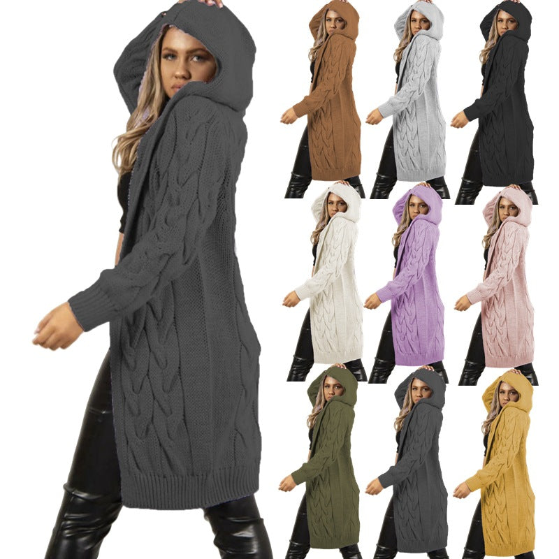 Damen Großer Strickmantel mit Kapuze und aufwendiger Zopfmusterstruktur R&B
