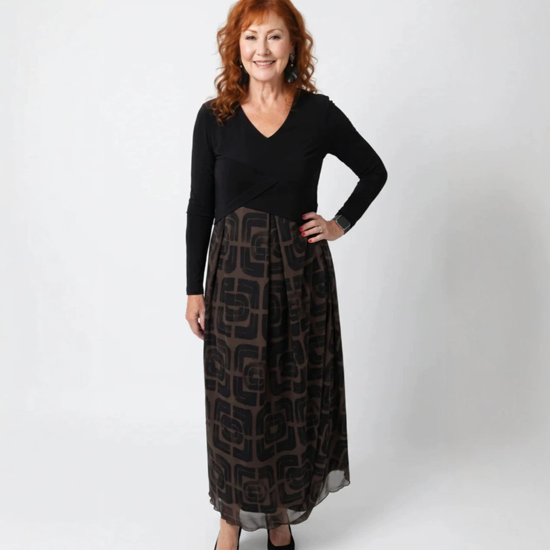 Damen nan V-Ausschnitt Maxikleid mit tailliertem Wickeloberteil und transparentem gemustertem Overlayrock R&B