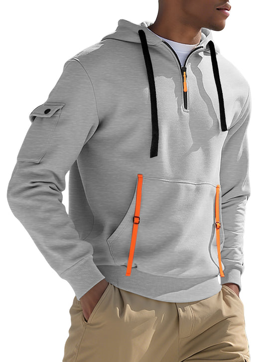 Herren nan urbaner Tech-Kapuzen-Halbzippullover mit Utility-Ärmeltasche, Kängurutasche und verstellbaren Zipper-Bändern R&B