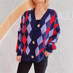 Damen lässige Strickjacke im Rauten-Muster mit goldenen Knöpfen R&B