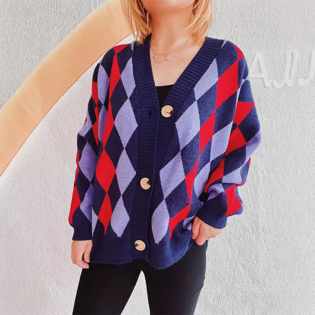 Damen lässige Strickjacke im Rauten-Muster mit goldenen Knöpfen R&B