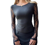 Damen nan tailliertes elastisches Langarmshirt mit floralen Spitzen-Armverzierungen R&B