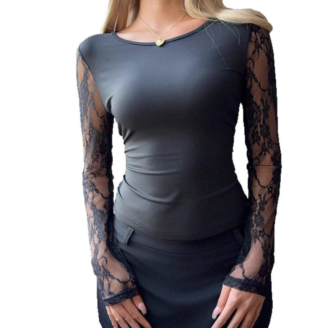 Damen nan tailliertes elastisches Langarmshirt mit floralen Spitzen-Armverzierungen R&B