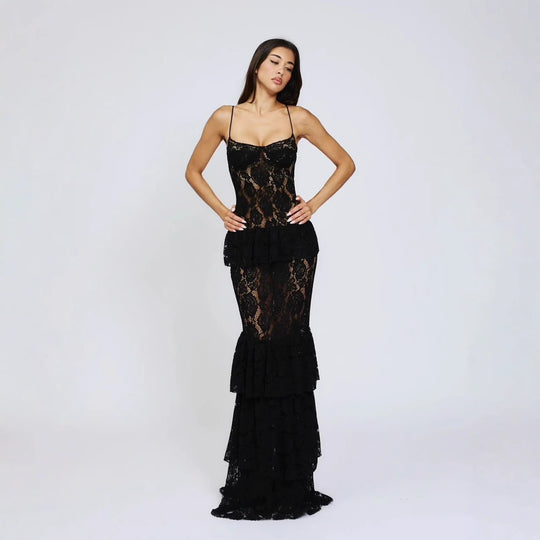 Damen Spitzen-Ballkleid mit Rüschendetails und figurbetontem Schnitt R&B