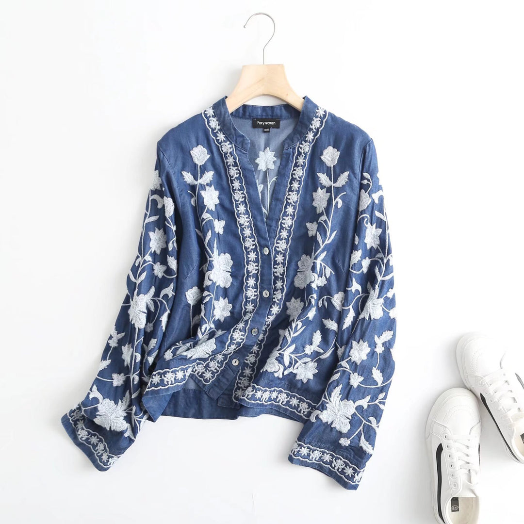 Damen bestickte Bluse im Vintage-Stil mit elegantem Kragen und Druckknopfverschluss R&B