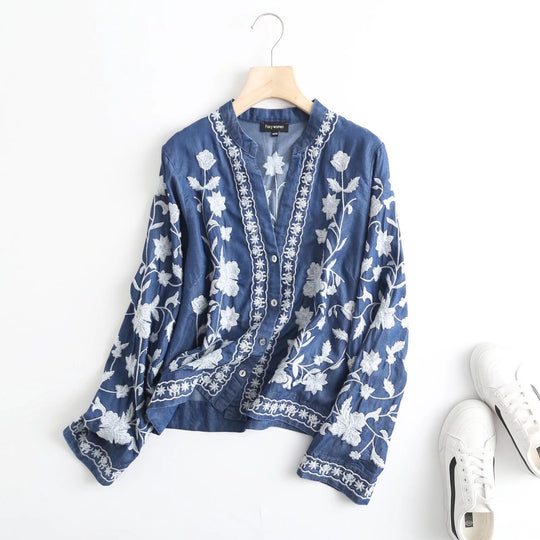 Damen bestickte Bluse im Vintage-Stil mit elegantem Kragen und Druckknopfverschluss R&B