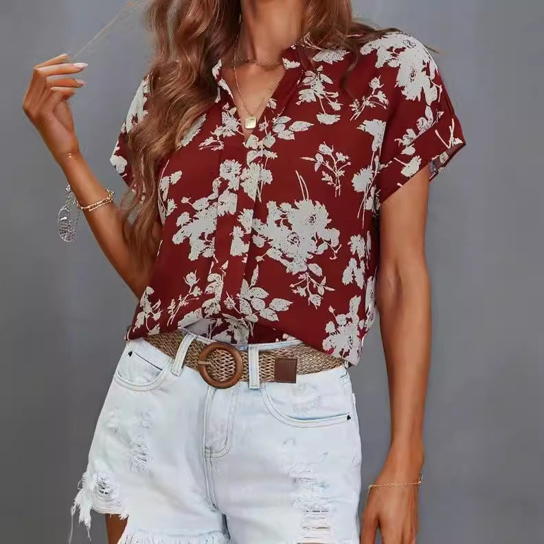 Damen lässige Bluse mit floralem Muster und kurzer Knopfleiste R&B