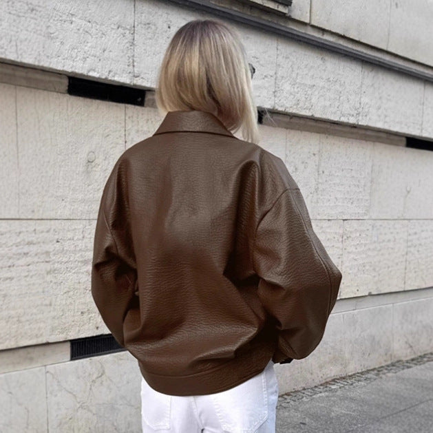 Damen Modische Kunstlederjacke im lässigen Oversized-Schnitt R&B