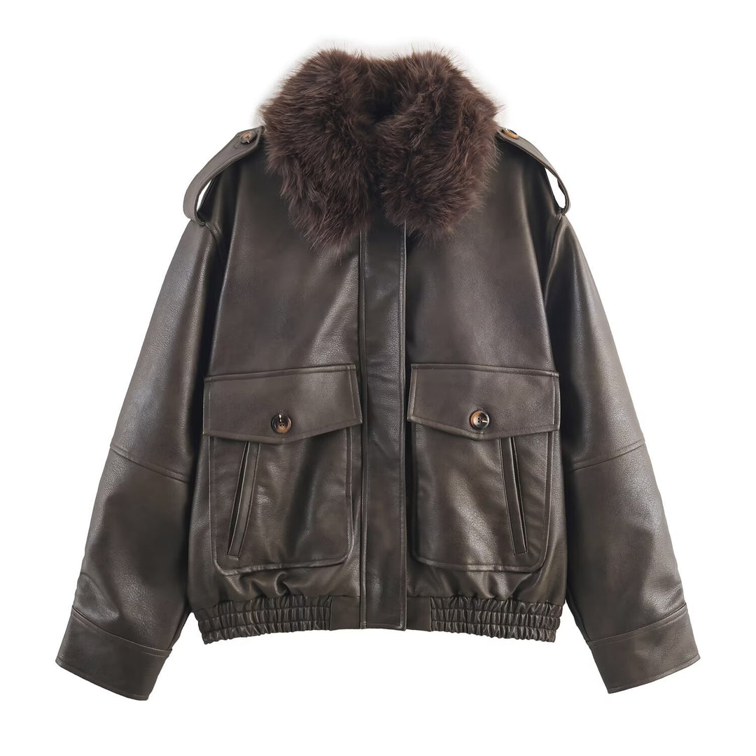 Damen Kunstlederjacke mit abnehmbarer Kunstfellkragen und praktischen Taschen R&B