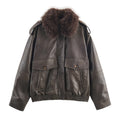 Damen Kunstlederjacke mit abnehmbarer Kunstfellkragen und praktischen Taschen R&B