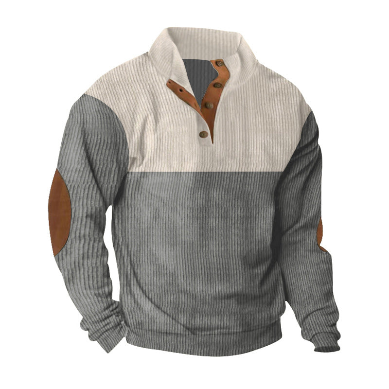 Herren nan lässiger Strickpullover mit Knopfleiste, Stehkragen und Ellenbogenpatches R&B