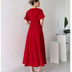 Damen Maxikleid mit Taillengürtel und puffärmeln R&B