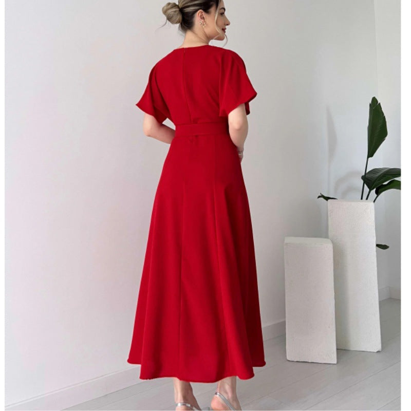 Damen Maxikleid mit Taillengürtel und puffärmeln R&B