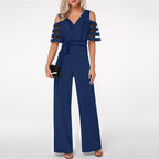 Damen Eleganter Jumpsuit mit transparenten Ärmel-Details und Taillengürtel R&B