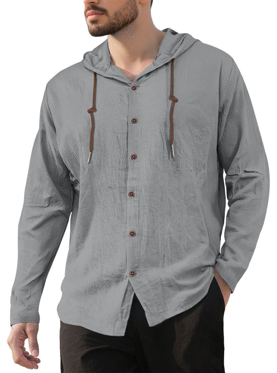 Herren nan Kapuzenhemd im Leinen-Look mit durchgehender Knopfleiste und Kordelzug R&B