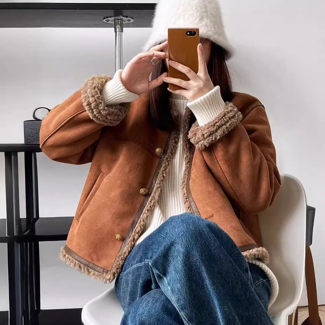 Damen Kunstlederjacke mit kuscheligem Teddyfutter R&B