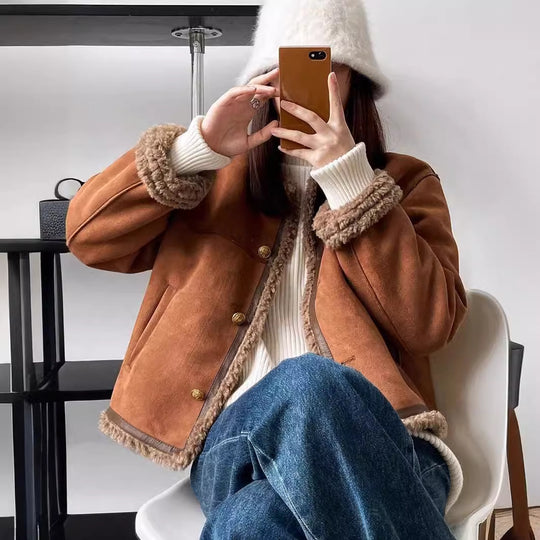 Damen Kunstlederjacke mit kuscheligem Teddyfutter R&B