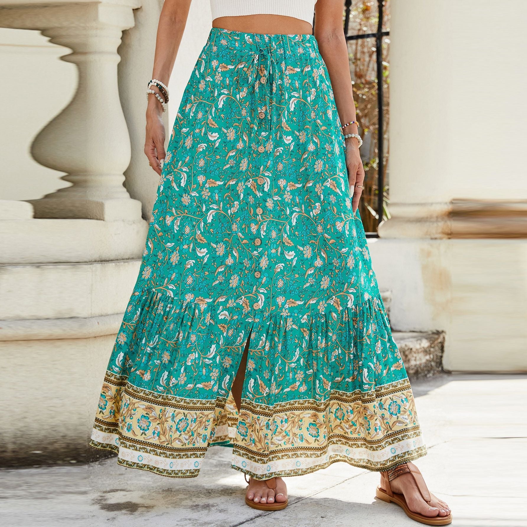 Damen Long Skirt mit Volants und buntem Muster R&B