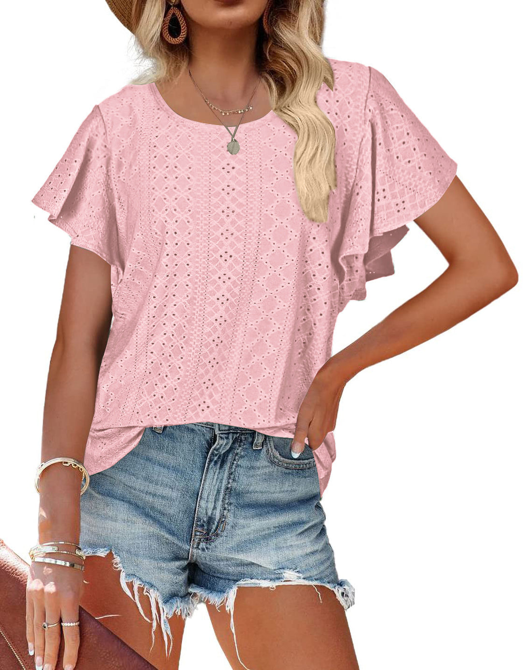 Damen Kurzärmlige Bluse mit Rüschendetails und Lochmuster R&B
