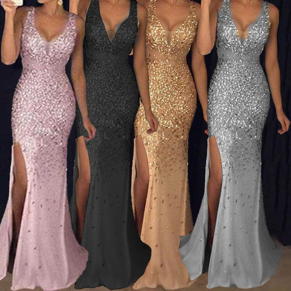 Damen Schimmerndes Abendkleid mit tiefem V-Ausschnitt und seitlichem Schlitz R&B