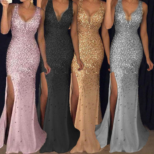 Damen Schimmerndes Abendkleid mit tiefem V-Ausschnitt und seitlichem Schlitz R&B