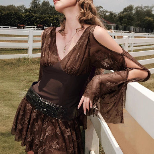 Damen elegantes Wickelkleid mit transparenten Spitzenärmel R&B