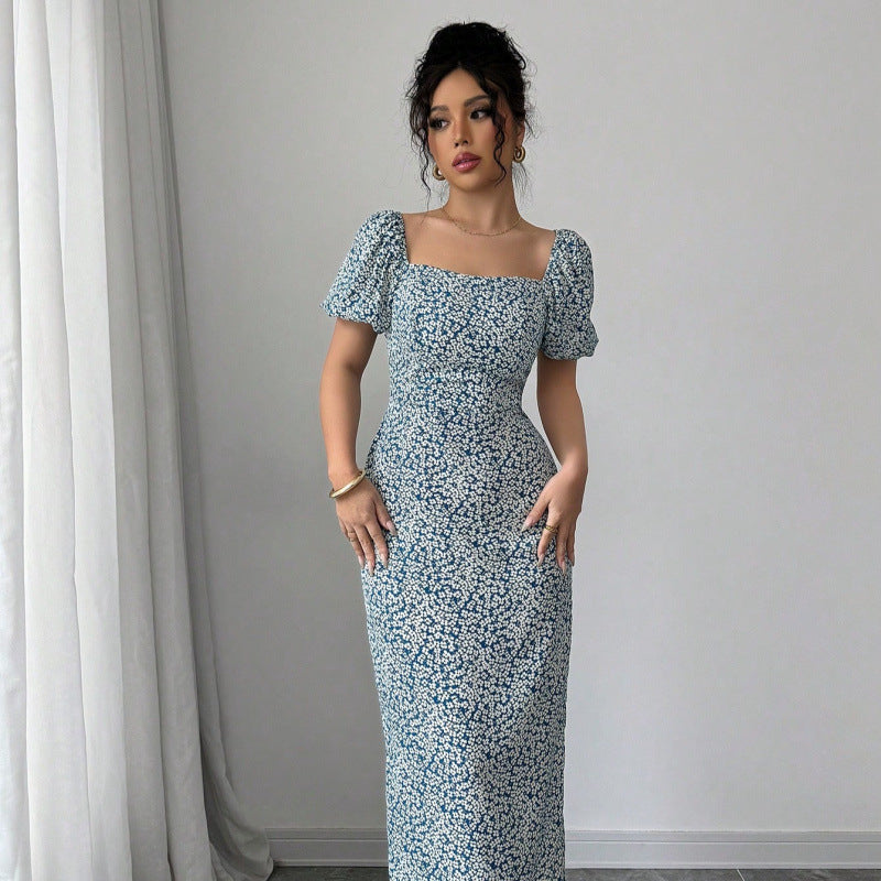 Damen Midikleid mit schulterfreien Puffärmeln und floralem Muster R&B