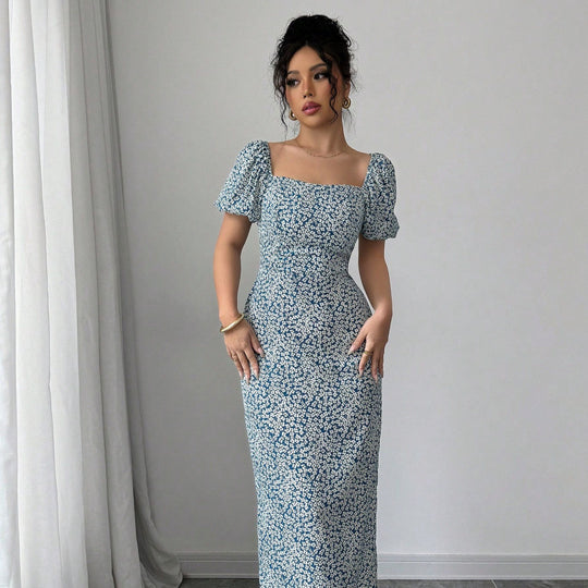 Damen Midikleid mit schulterfreien Puffärmeln und floralem Muster R&B