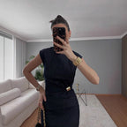 Damen elegantes Midikleid aus Denim mit Knopfdetail