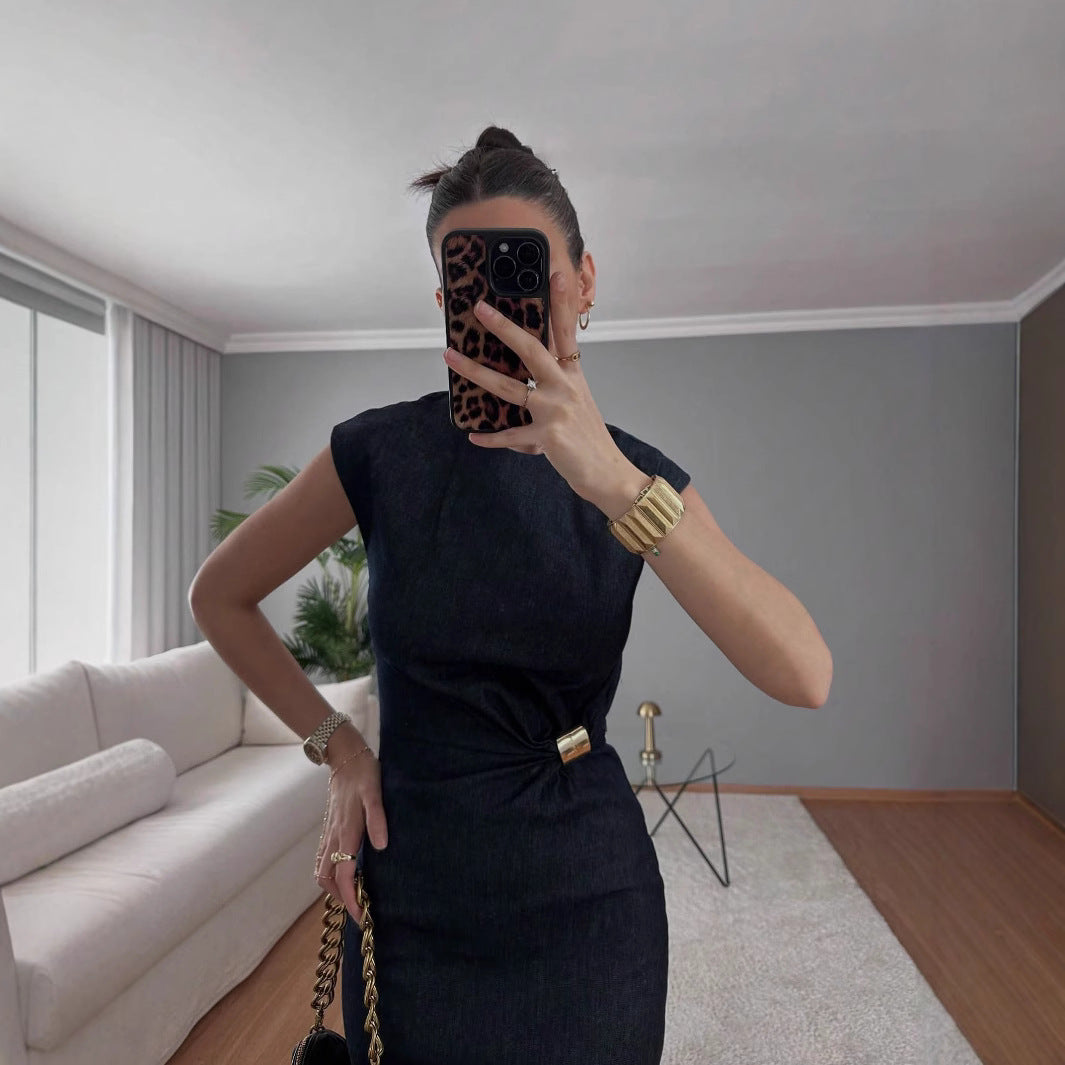 Damen elegantes Midikleid aus Denim mit Knopfdetail