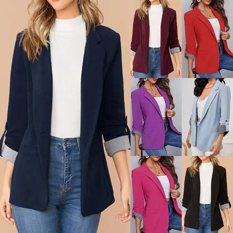 Damen stilvolle und vielseitige Blazerjacke mit umgeschlagenen Ärmeln R&B