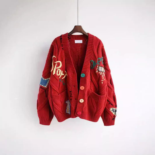 Damen Strickjacke mit buntem Motiv und praktischen Taschen R&B