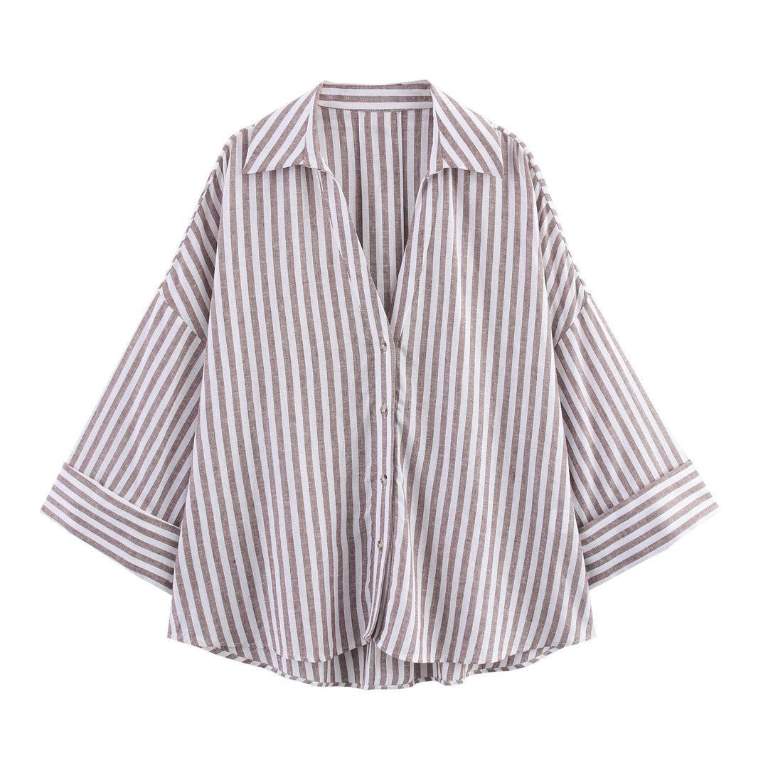 Damen lässige Bluse mit voluminösen Ärmeln und durchgehender Knopfleiste R&B