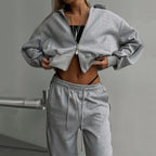 Damen nan kurzes Reißverschluss-Hoodie und hohe Taillen-Jogginghose Set mit dekorativer Seitenpaspel R&B