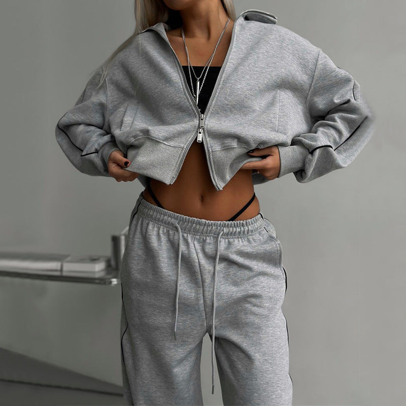 Damen nan kurzes Reißverschluss-Hoodie und hohe Taillen-Jogginghose Set mit dekorativer Seitenpaspel R&B