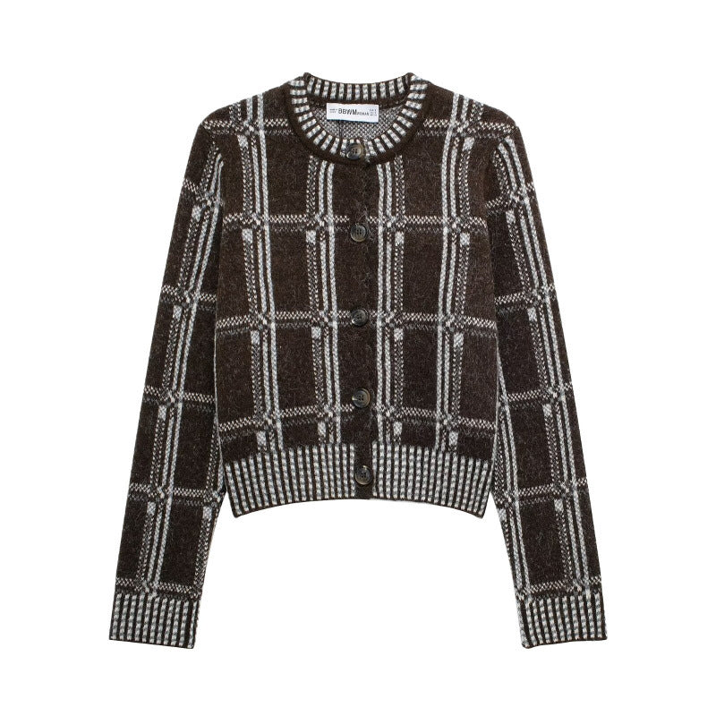 Damen Strickjacke mit modernem Karomuster und Knopfverschluss R&B