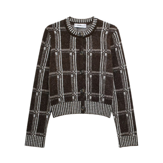Damen Strickjacke mit modernem Karomuster und Knopfverschluss R&B