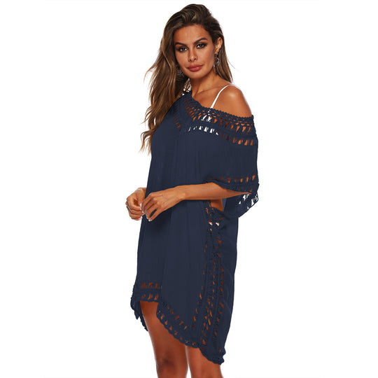 Damen Häkel-Strandüberwurf mit elegantem V-Ausschnitt und fransigen Details R&B
