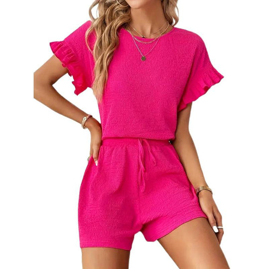 Damen lässiger Shortsanzug mit Rüschendetails und elastischem Taillenzug R&B