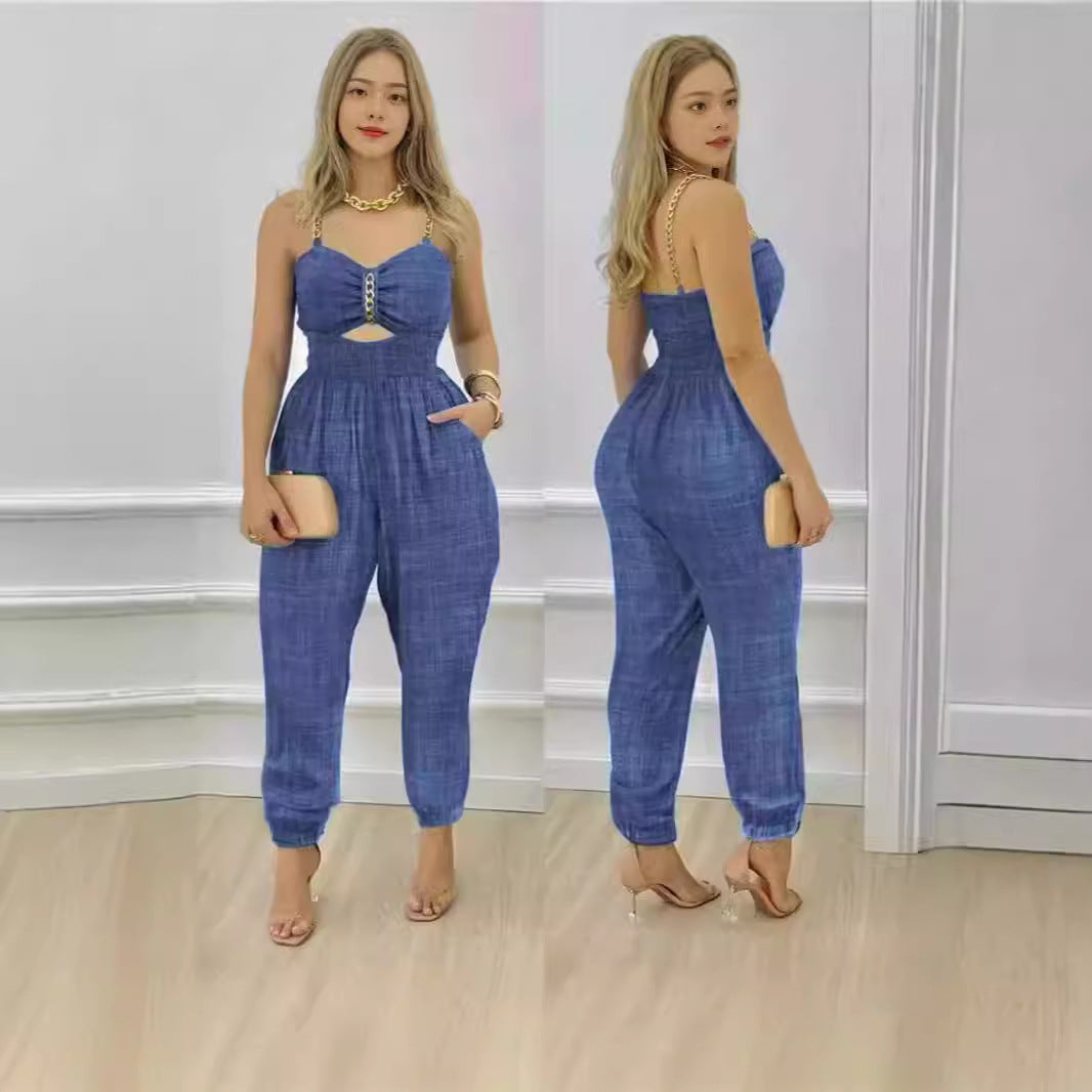 Damen Modischer Jumpsuit mit Cut-Out und dünnen Trägern R&B