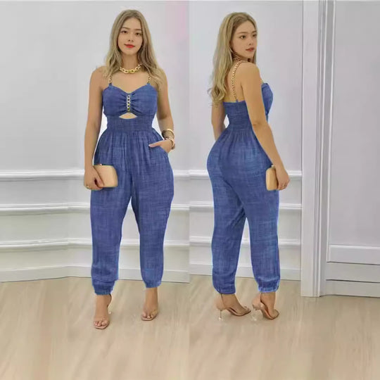 Damen Modischer Jumpsuit mit Cut-Out und dünnen Trägern R&B