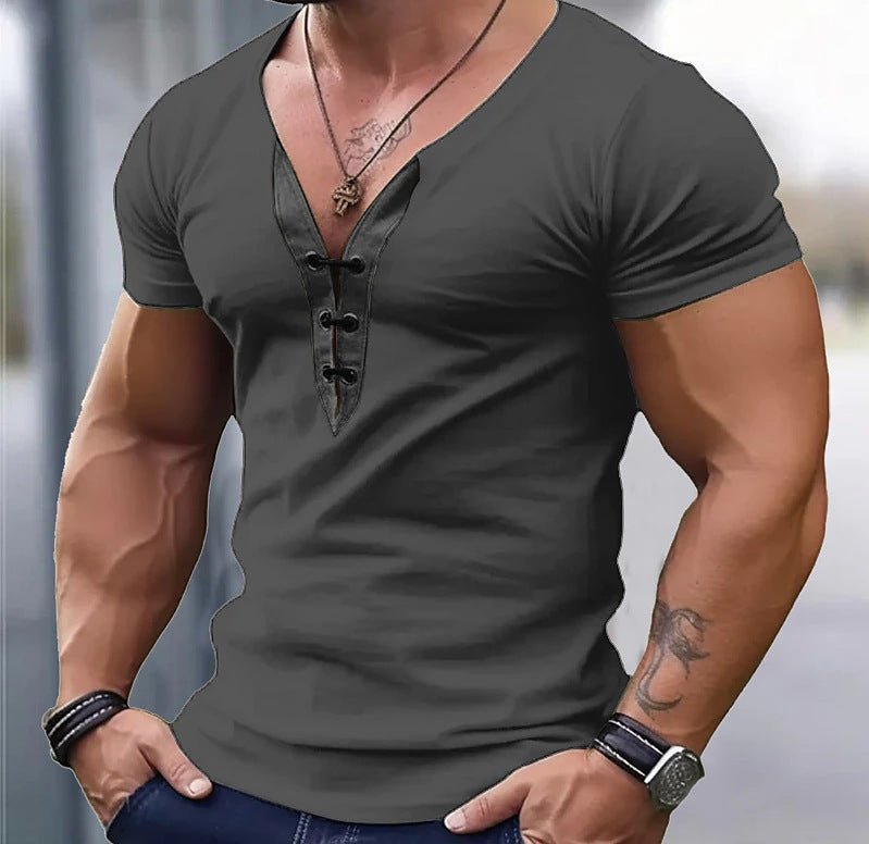 Herren trendiges V-Ausschnitt T-Shirt mit Knopfleiste R&B