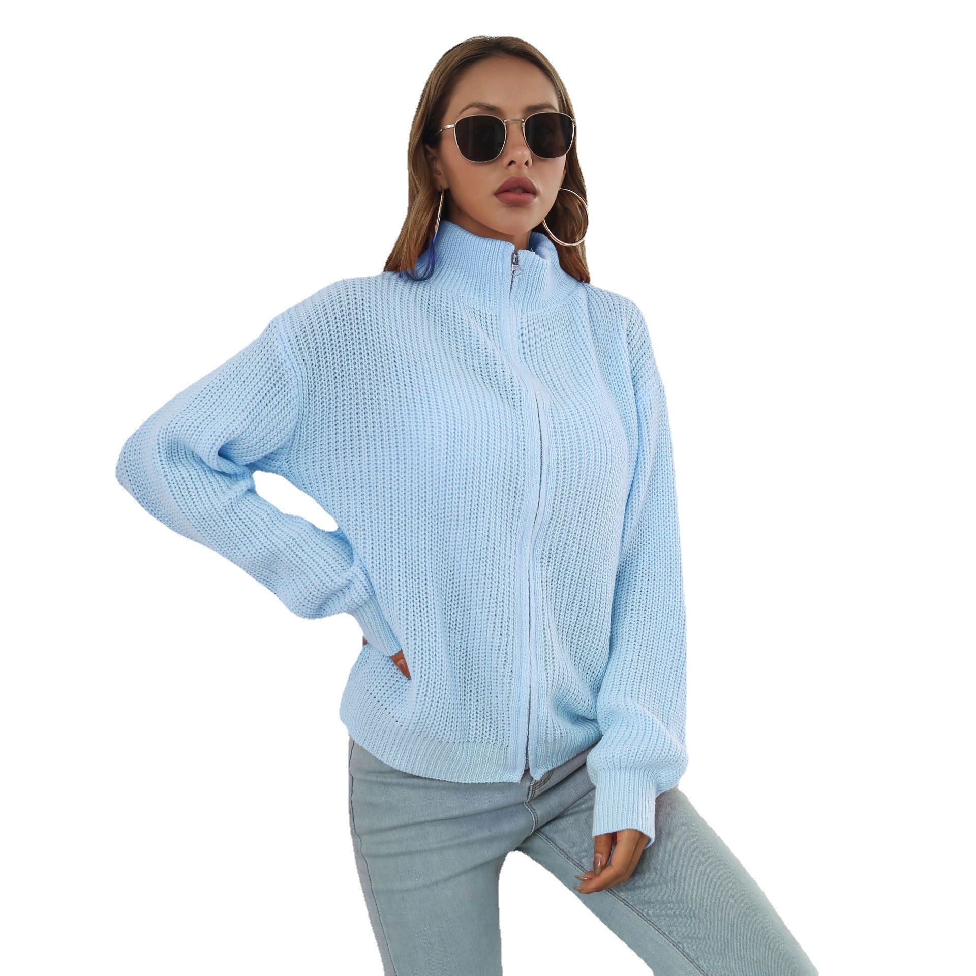 Damen lässiger Strickpulli mit hohem Kragen und Reißverschluss R&B