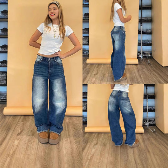 Damen modische weite Jeans mit einzigartigem Schnitt und hohem Bund R&B