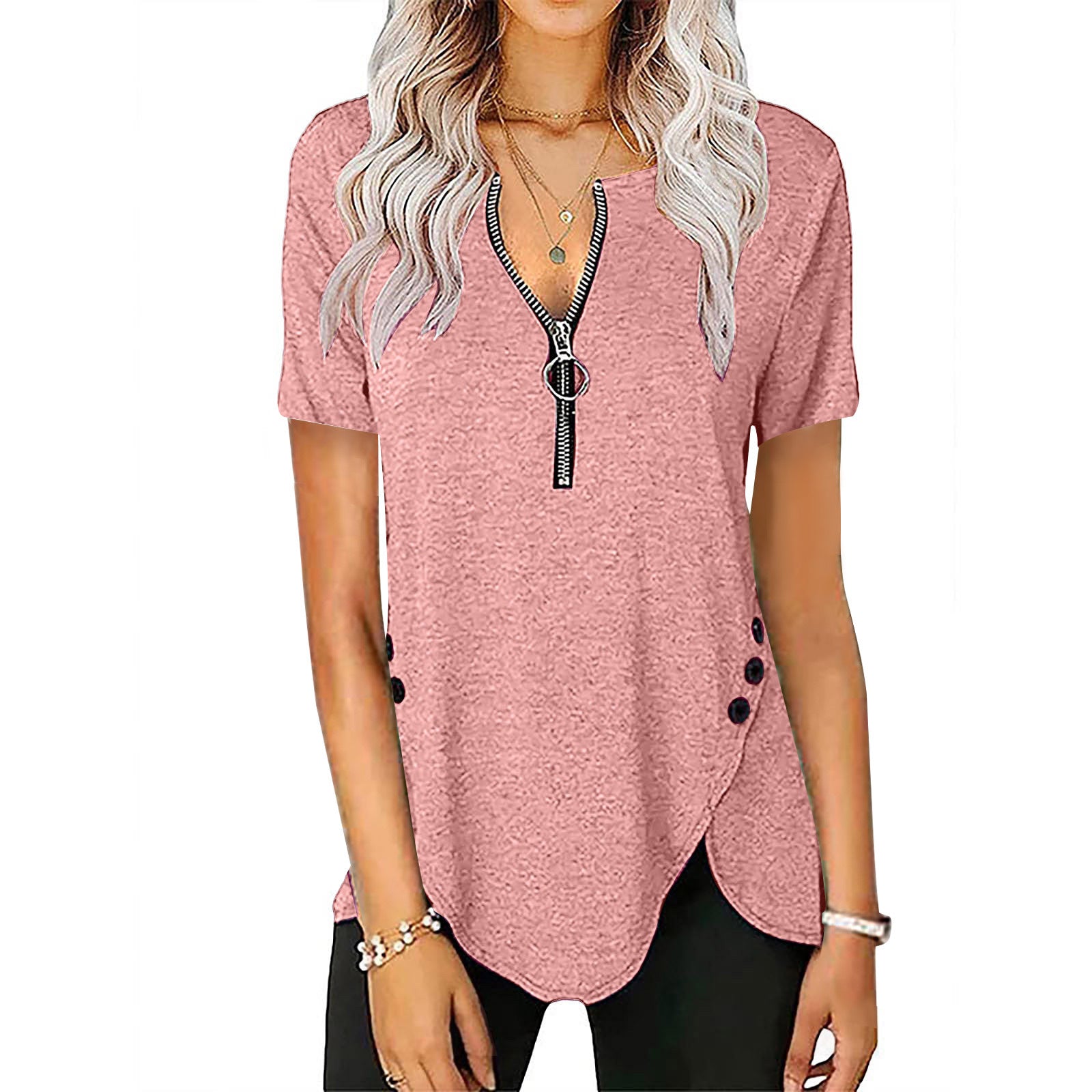 Damen Kurzarmshirt mit asymmetrischem Saum und Reißverschluss R&B