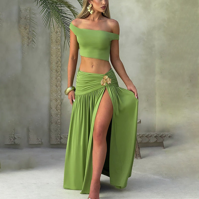 Damen Elegantes Off-Shoulder Maxikleid mit seitlichem Schlitz und raffiniertem Bund R&B