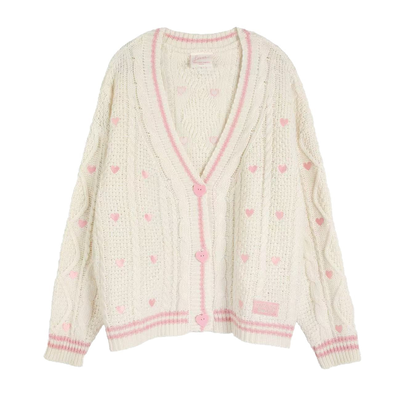Damen nan grob gestrickter V-Ausschnitt-Cardigan mit Herzapplikationen und dekorativen Herzknöpfen R&B