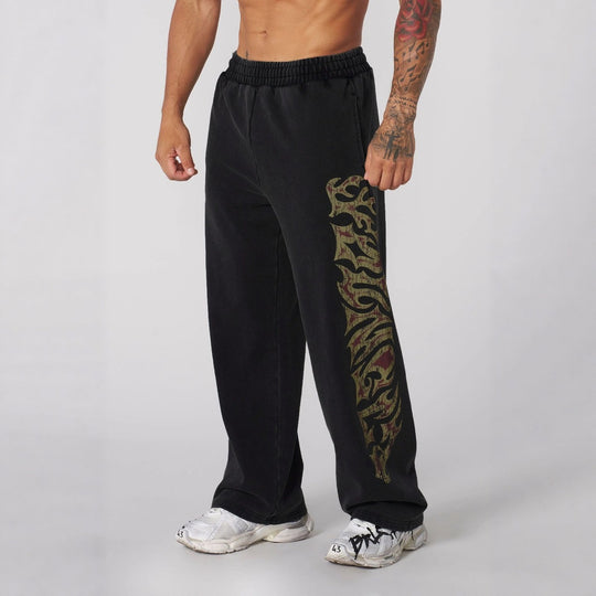 Herren nan weite Jogginghose mit elastischem Bund, Seitentaschen und detailreichem Schädel- und Rosenmotiv R&B
